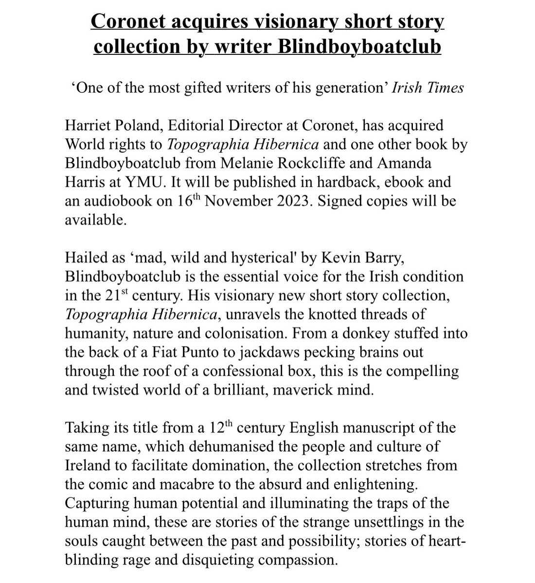 bbboatclub's tweet image. Big News. My new collection of Short Stories comes out this November. It’s called Topographia Hibernica. I am unbelievably excited to share this work with ye, and thank you to @HodderBooks for giving me this opportunity. 
You can pre order signed copies below