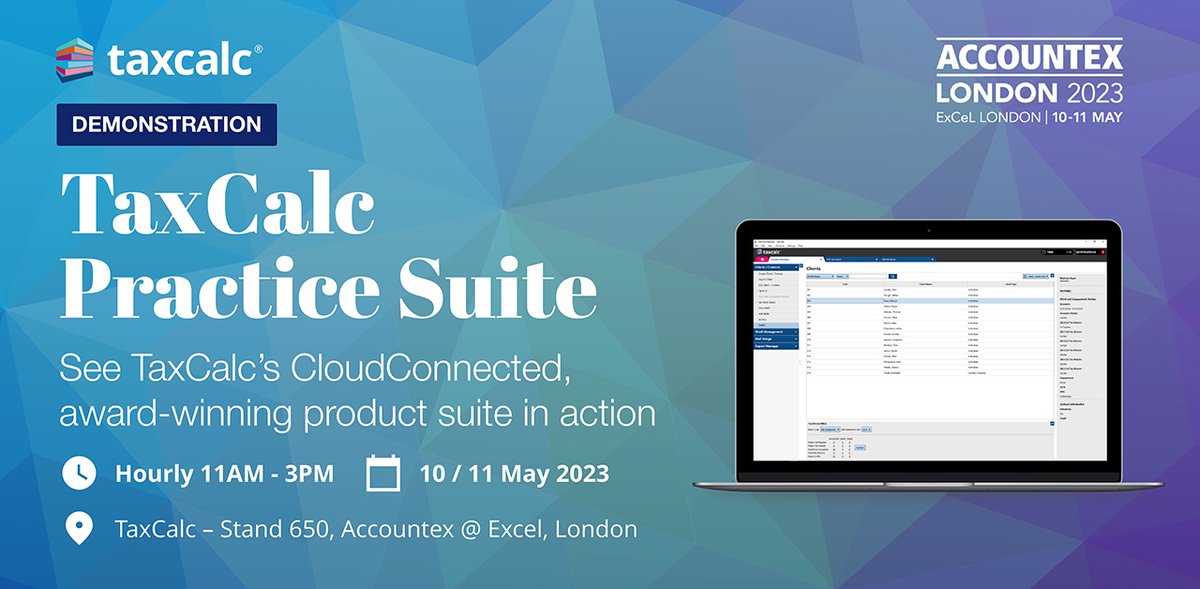 Coming up from 11 ⏱

Join one of our TaxCalc product demonstrations every hour throughout the day to find out just how good TaxCalc really is for yourself.

#Accountex #AccountexLondon