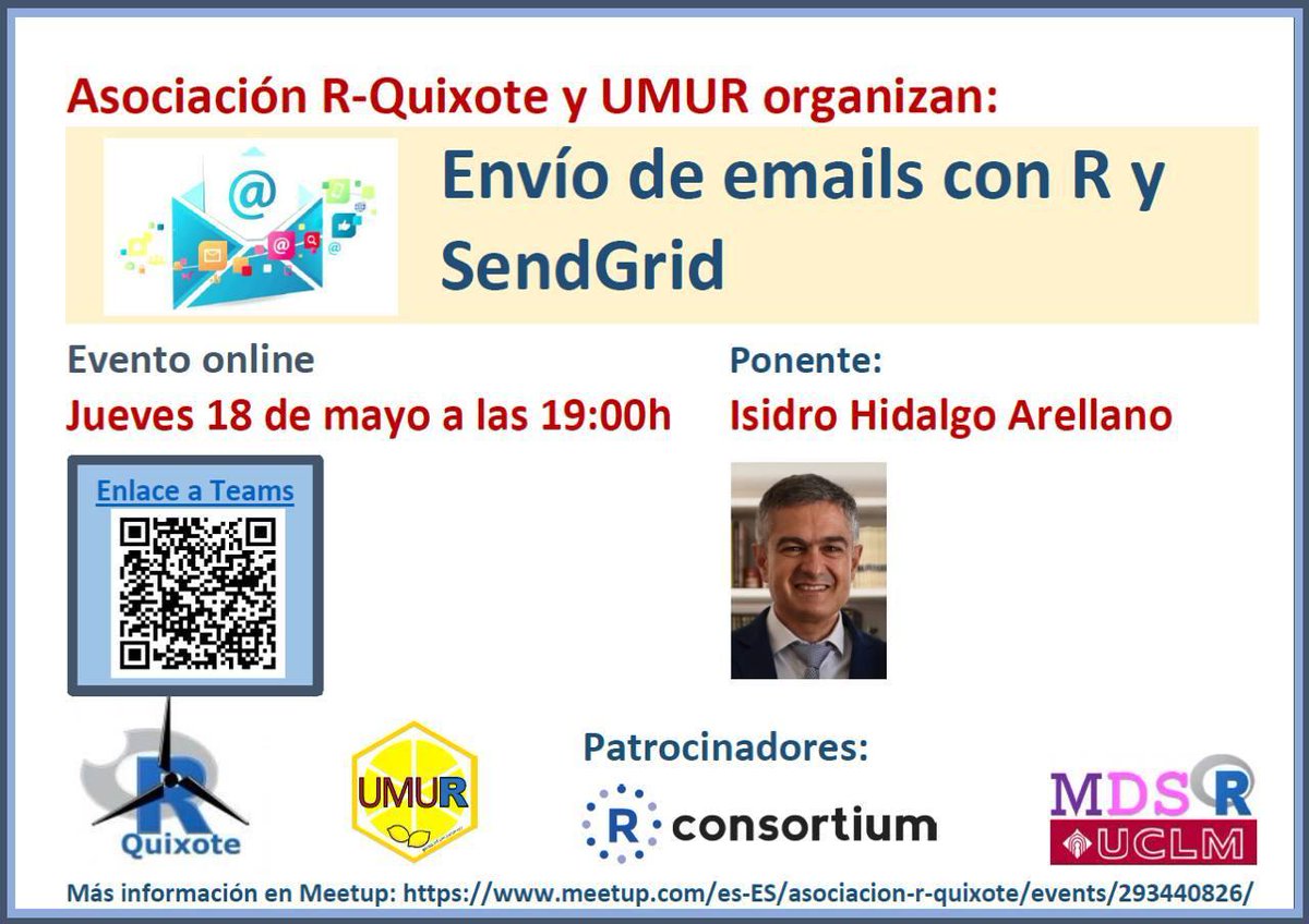 ¿Queréis aprender a mandar mails con R? Pasaros al evento online que organizamos con RQuixote el próximo Jueves 18 de Mayo a las 19h!