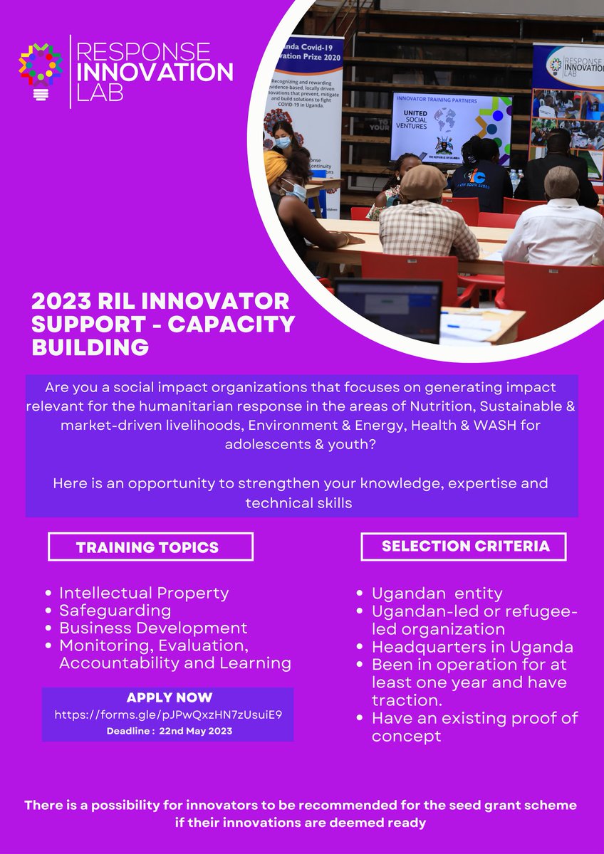RIL_Uganda's tweet photo. The 2023 RIL Capacity Building Support is open for application.
Are you a social enterprise innovating for adolescents &amp; youth in Nutrition, Sustainable &amp; Market-driven Livelihoods, Environment &amp; Energy, Health &amp; WASH ?
Apply here: https://t.co/nQIJmG8duX by 22nd May 2023 https://t.co/dFYKqtO3I1