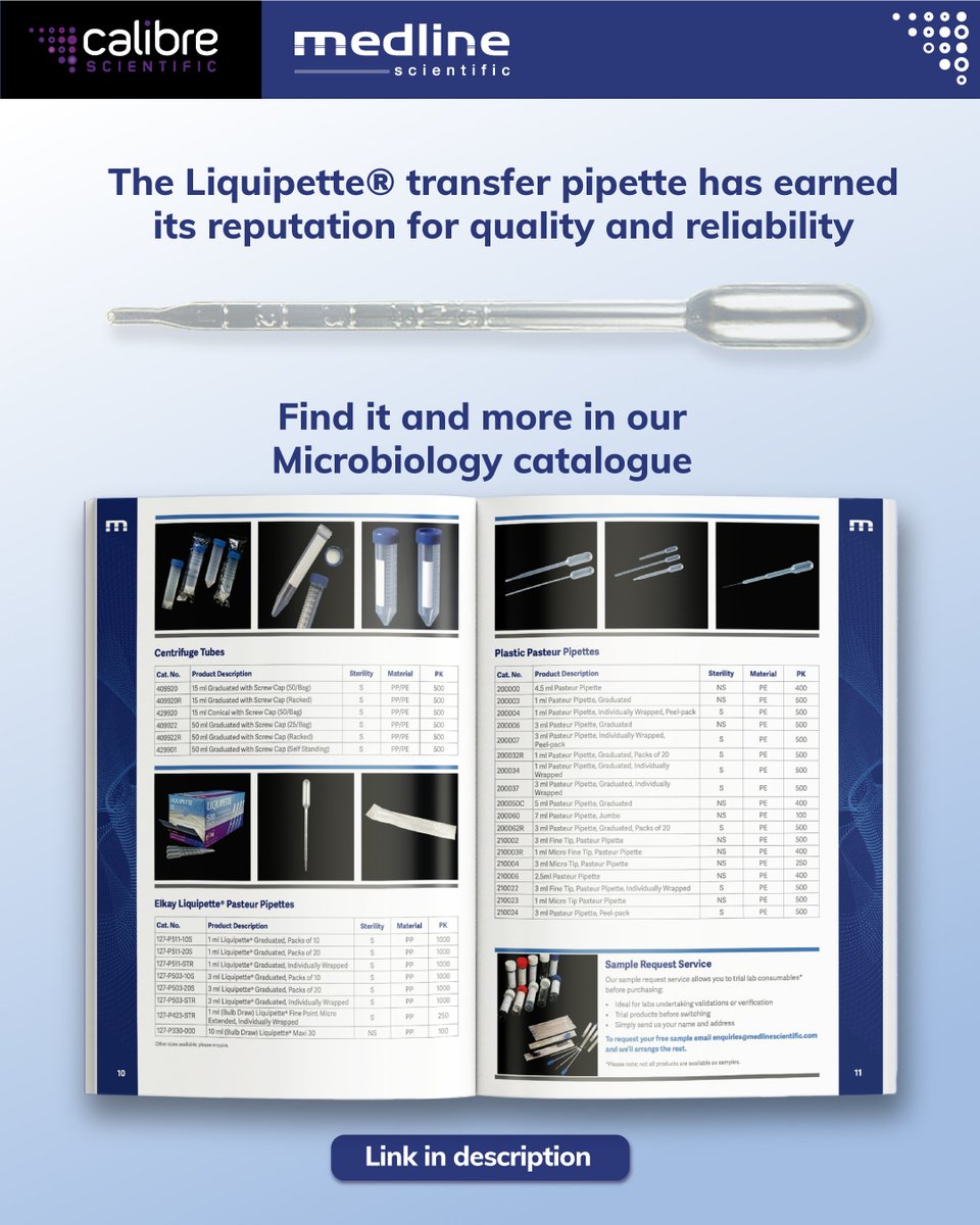 medlinescienltd's tweet image. The Liquipette® transfer pipette has earned its reputation for quality and reliability. Available in a variety of styles and pack sizes, it's an economical alternative to glass Pasteur pipettes. View in catalogue: hubs.ly/Q01P54Jw0
#microbiology #labsupplies #liquidhandling