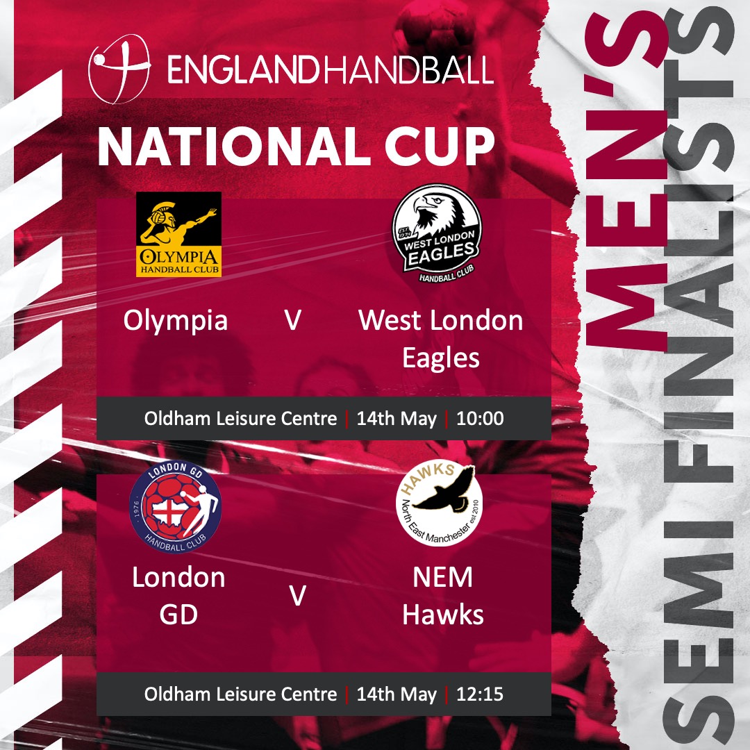 In case you missed it 👀🏆

The National Cup Semi-Finals are fast approaching 🤾‍♀️🤾‍♂️

Here’s who’s playing who:

Women’s 🤾‍♀️
<a href="/Olympia_HC/">Olympia Handball Club</a> v <a href="/northamptonhand/">Northampton Handball</a>
<a href="/LiverpoolHC/">Liverpool Handball</a> v @westlondonhc

Men’s 🤾‍♂️
<a href="/Olympia_HC/">Olympia Handball Club</a> v @westlondonhc
<a href="/LondonGD/">LondonGDHandballClub</a> v <a href="/NEMHAWKSHC/">NEMHawksHandball</a>

#Handball
#EnglandHandball
#EHACUP