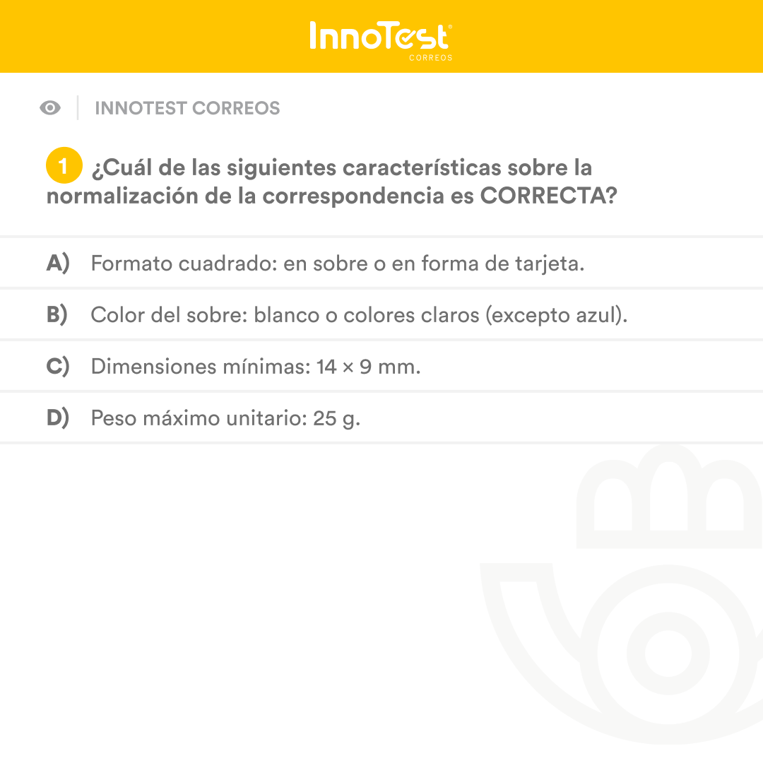 InnoTestES's tweet photo. ¡#InnoPregunta para el opositor de #Correos! 😉
Demuestra que controlas el temario respondiendo a esta pregunta sobre la normalización de la correspondencia. 🤔 ¿Cuál de estas características es la correcta?
¡Leemos tu respuesta en los comentarios! 💬 https://t.co/Gjbf2SkFJN