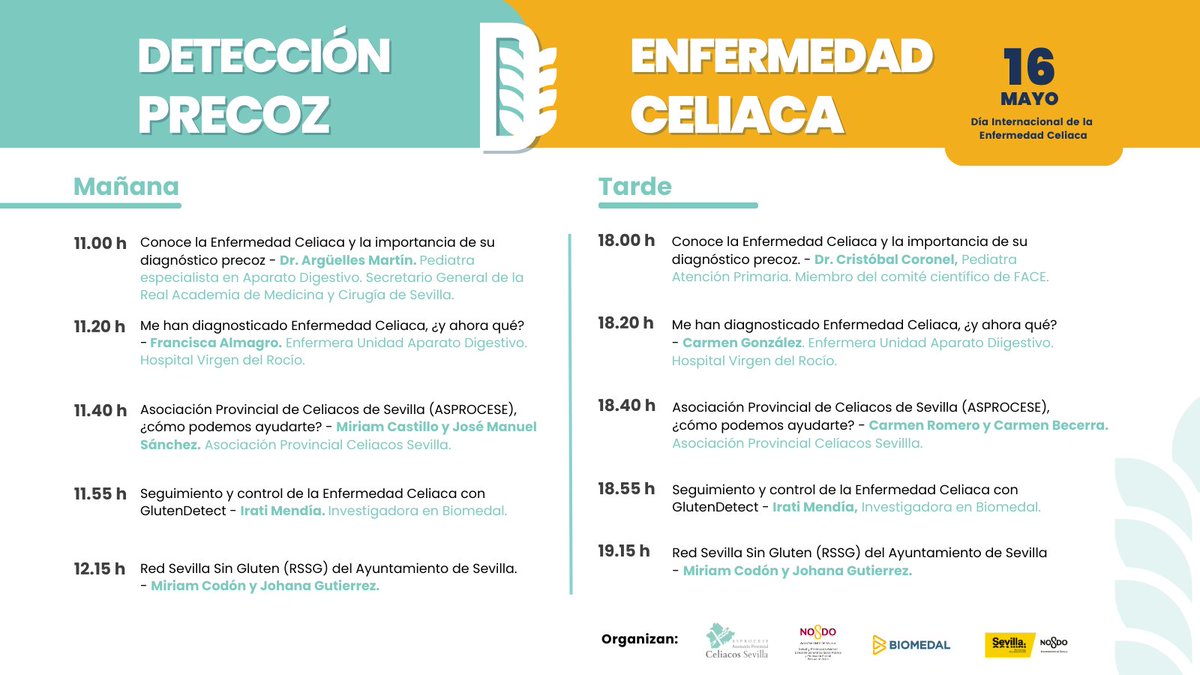 La #EnfermedadCeliaca afecta aproximadamente al 1% de la población, pero está altamente infradiagnosticada. Es fundamental un diagnóstico precoz para evitar complicaciones.

🌾¡Participa en nuestra Campaña gratuita de Detección Precoz de #EnfermedadCeliaca - Sevilla 16 de mayo!
