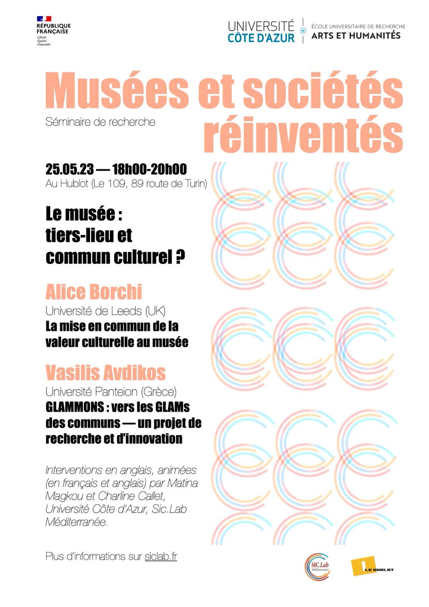 Ecole Universitaire de Recherche CREATES (@eurcreates) on Twitter photo SÉMINAIRE DE RECHERCHE
Troisième séance du séminaire de recherche « Musées et sociétés réinventés » intitulée « Le musée : tiers-lieu et commun culturel ? ».
🗓️ Le 25 mai de 18h00 à 20h00
📍Au Hublot - Fabrique Numérique du territoire (89 Route de Turin, Nice)
<a href="/Univ_CotedAzur/">Université Côte d'Azur</a> SÉMINAIRE DE RECHERCHE
Troisième séance du séminaire de recherche « Musées et sociétés réinventés » intitulée « Le musée : tiers-lieu et commun culturel ? ».
🗓️ Le 25 mai de 18h00 à 20h00
📍Au Hublot - Fabrique Numérique du territoire (89 Route de Turin, Nice)
<a href="/Univ_CotedAzur/">Université Côte d'Azur</a>