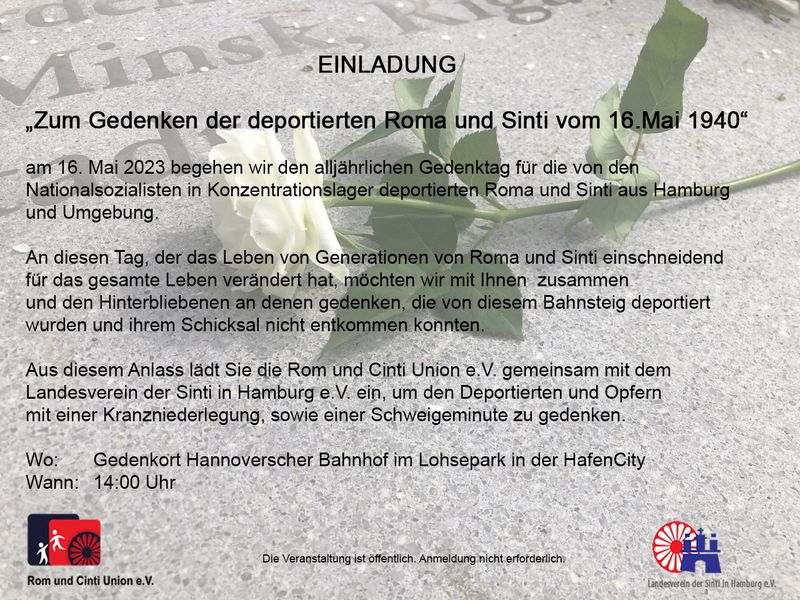 16. Mai, 14 Uhr am denk.mal Hannoverscher Bahnhof in #Hamburg: Zum Gedenken der deportierten Roma und Sinti vom 16. Mai 1940