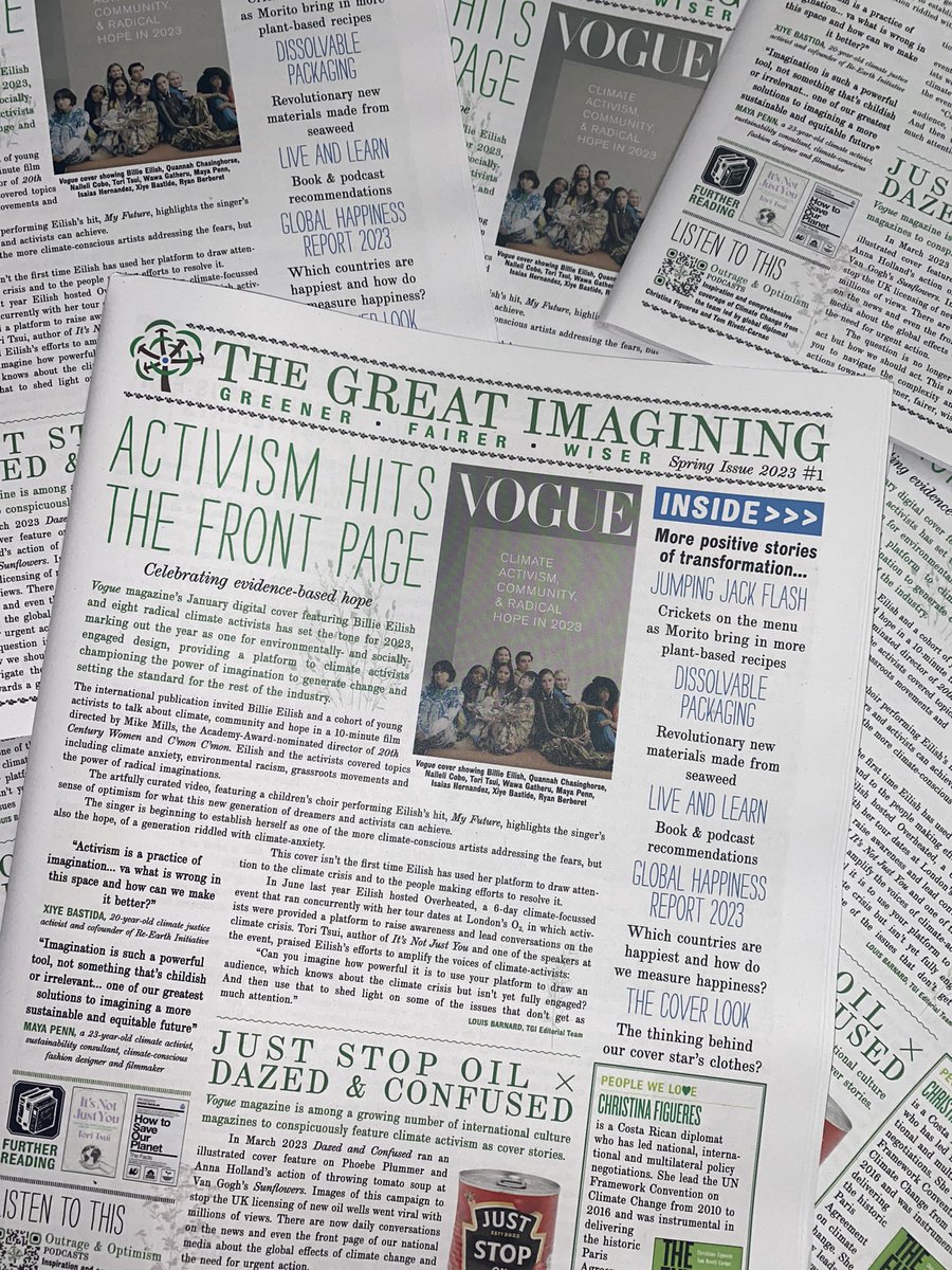 The Great Imagining (@greatimagining) on Twitter photo Activism hits the front page
Our newspaper is a 64-page platform for ideas about a greener fairer wiser future. The cover showcases <a href="/billieeilish/">billie eilish</a> ‘s cover for <a href="/voguemagazine/">Vogue Magazine</a> which features 8 young climate activists, setting the tone for 2023.
Pre-order: crowdfunder.co.uk/p/the-great-im… Activism hits the front page
Our newspaper is a 64-page platform for ideas about a greener fairer wiser future. The cover showcases <a href="/billieeilish/">billie eilish</a> ‘s cover for <a href="/voguemagazine/">Vogue Magazine</a> which features 8 young climate activists, setting the tone for 2023.
Pre-order: crowdfunder.co.uk/p/the-great-im…