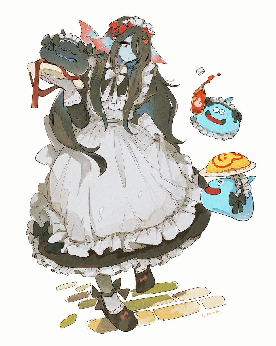 omelet long hair omurice maid bow apron hair over one eye  illustration images