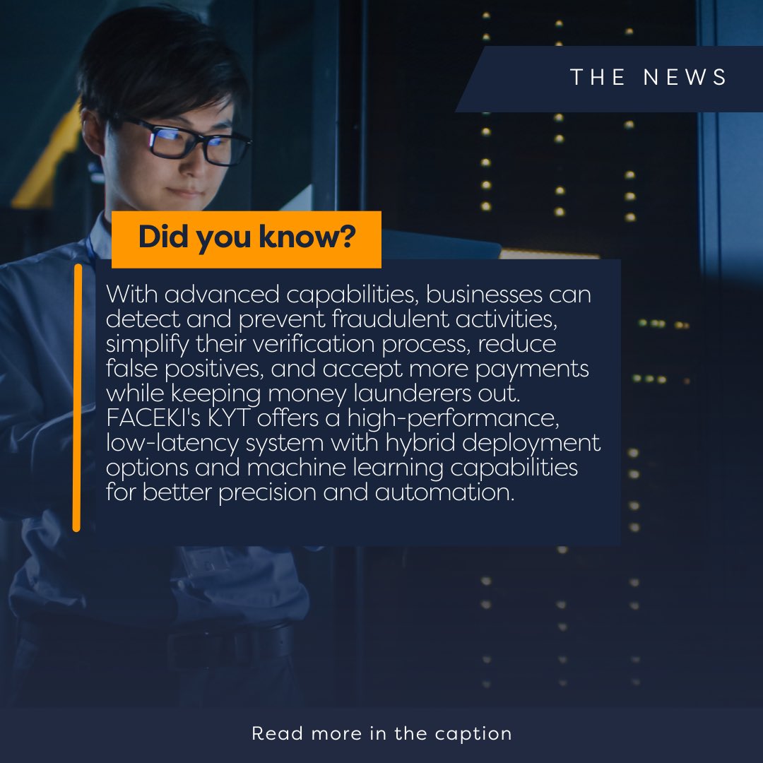 faceki_'s tweet photo. 🗞️ We are thrilled to announce the launch of FACEKI's KYT. 

Our state-of-the-art cross-channels risk monitoring platform empowers your compliance teams with a robust solution that safeguards every transaction.

👉 Visit our website to learn more about our KYT! 

#FACEKI #KYT https://t.co/H4wKa13n71