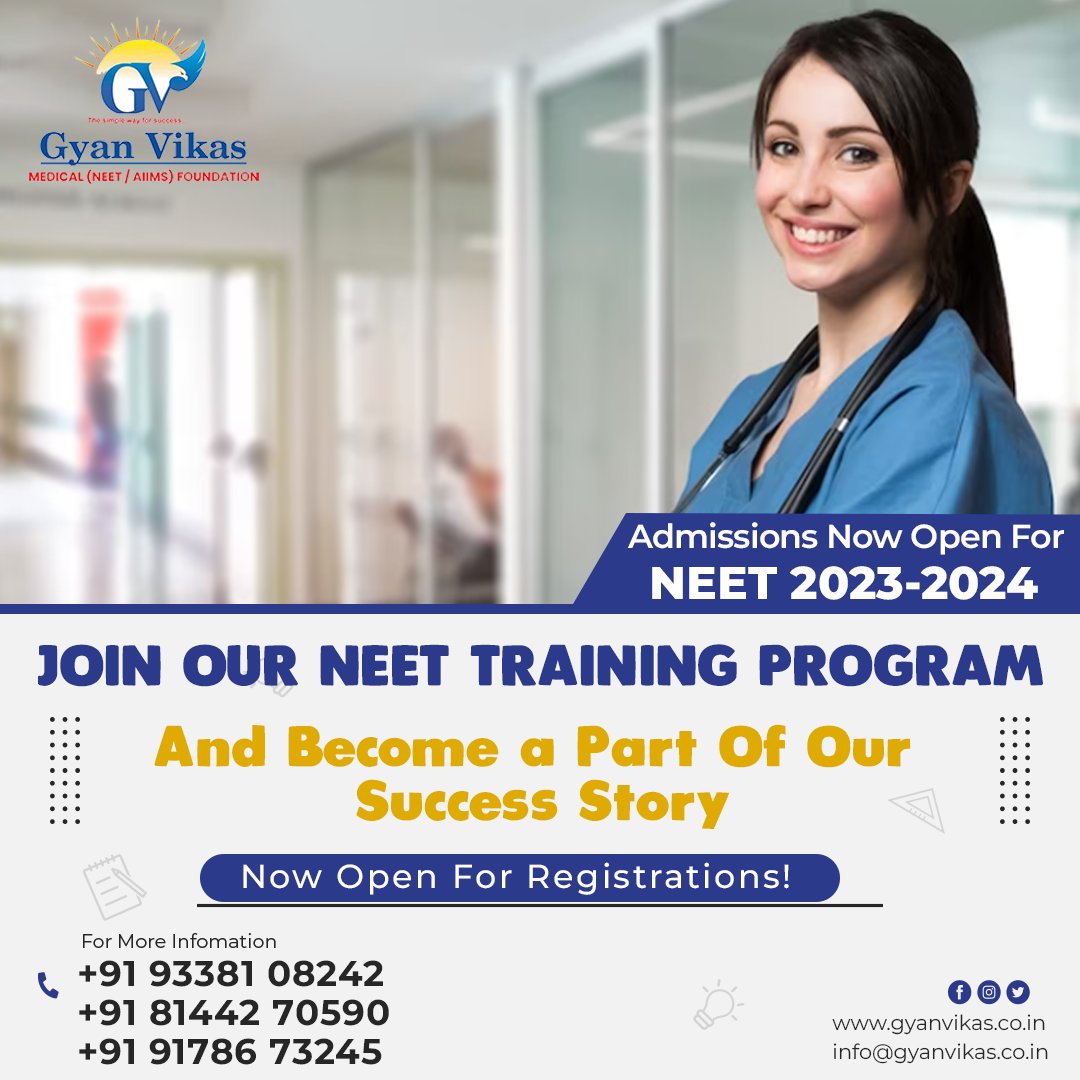 📣 Admissions Now Open for NEET 2023-24! 🎉

🎓 Want to become a doctor? Join our NEET training program and let us guide you to success. Our expert training and comprehensive curriculum will help you achieve your dreams. 🚀
#GyanVikas #EntranceExams #CoachingInstitute