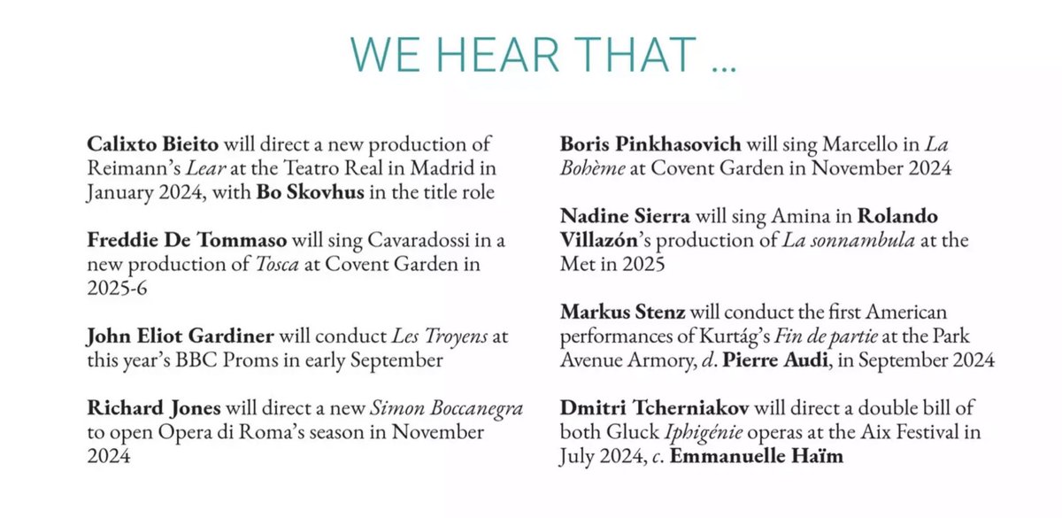 JordiMadd's tweet photo. Los siempre interesantes #opera #gossip de la revista británica @operamagazine del mes de mayo 2023:
Nueva prod. de #Bieito para @Teatro_Real con #Skovhus ópera “Lear” de #Reinmann.
El retorno de @RolandoVillazon al @MetOpera con @nadinecsierra en #LaSonnambula?!!
#WeHearThat https://t.co/NYOt76Ugjk