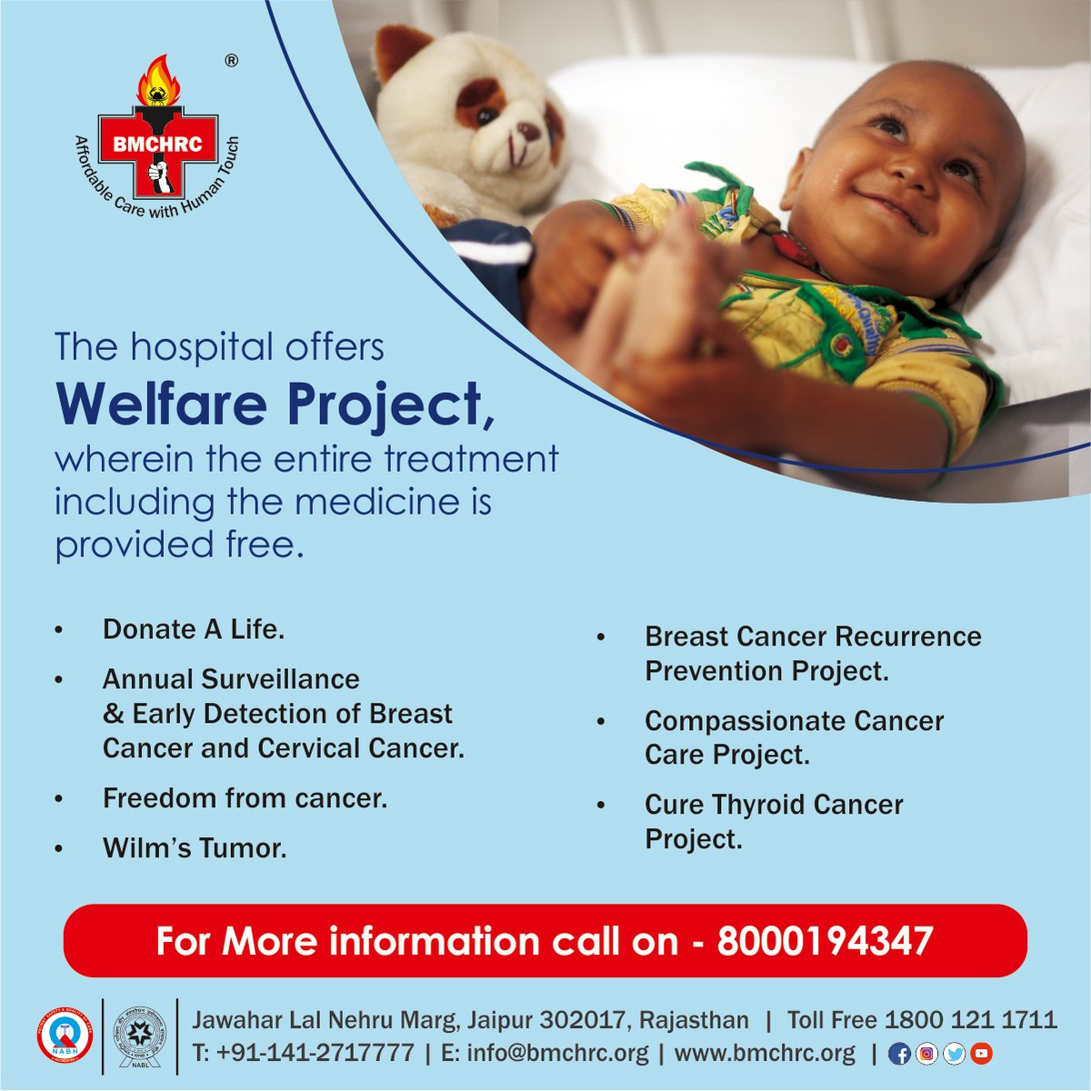 bmchrcjaipur's tweet image. Our hospital is proud to introduce the Welfare Project, a initiative that provides comprehensive treatment, including medication, completely free of cost. Join us in making quality healthcare accessible to all. 

Check More Details: bmchrc.org/welfare-initia…

#WelfareProject