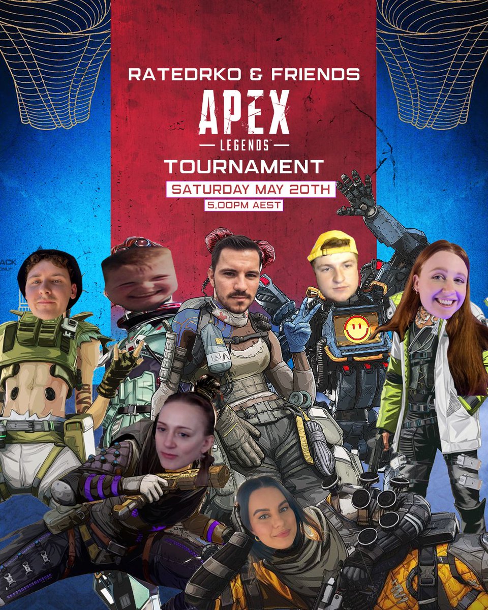 Excited to be hosting another RatedRKO &amp; Friends <a href="/PlayApex/">Apex Legends</a> Tournament next weekend! 🏆

- Sydney servers
- 6 games 
- Random teams 
- Casted by <a href="/ItsCallius/">ItsCallius</a>

Spots are limited - register to play in Discord! discord.gg/33CprzrQxd
