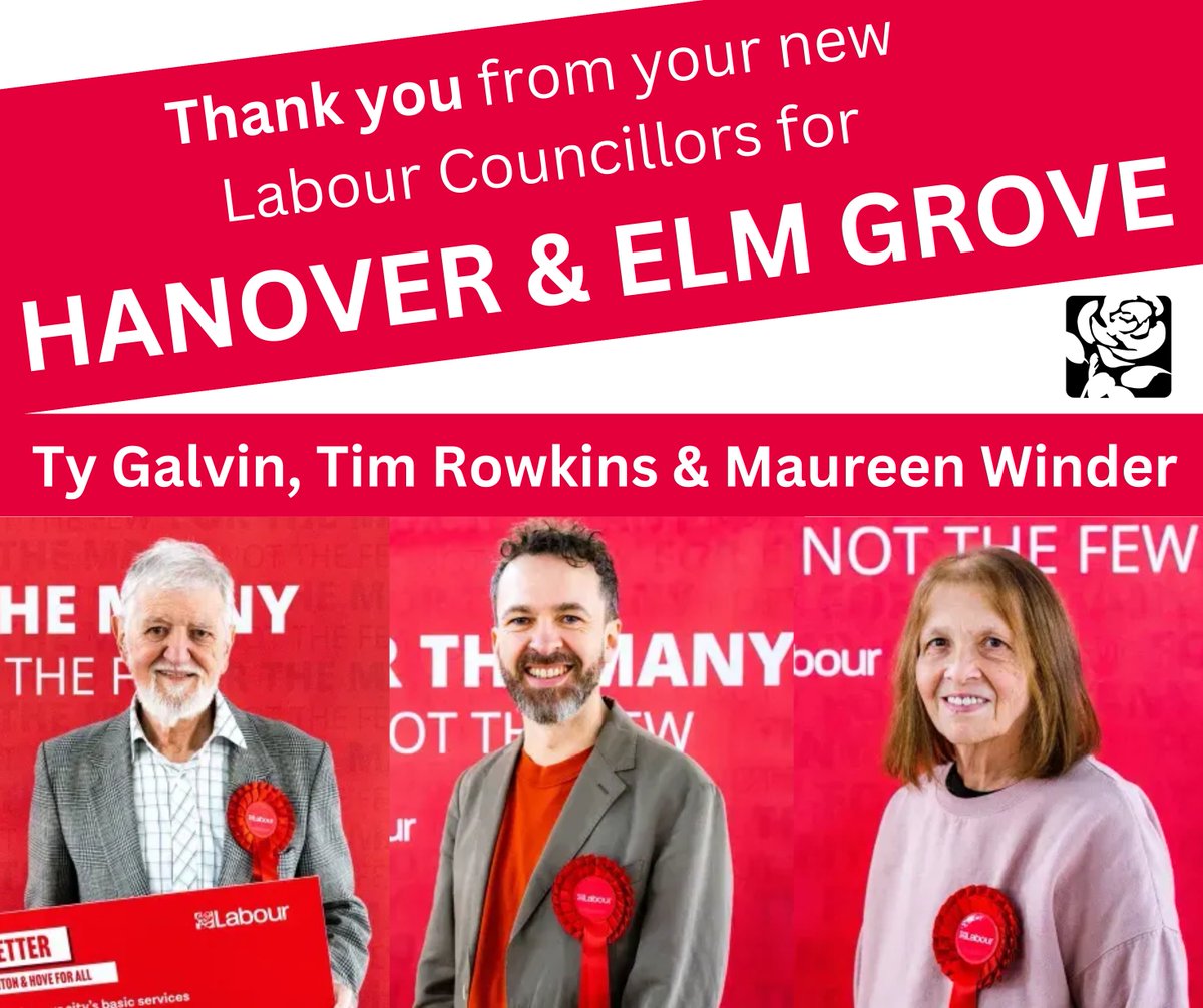 Introducing your new <a href="/bhlabour/">Brighton & Hove Labour Party</a> councillors for #hanover &amp; #elmgrove ward:

🌹 Cllr Ty Galvin
🌹 Cllr <a href="/rowkz/">Tim Rowkins</a> 
🌹 Cllr Maureen Winder

All are delighted and grateful for the support at the #localelections and are ready to work hard in the service of all residents!✅