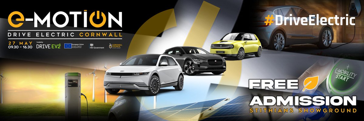 Join <a href="/CornwallCouncil/">@cornwallcouncil</a> &amp; <a href="/piratefm/">Pirate</a> at Cornwall's free electric vehicle event! Register Now: e-motioncornwall.co.uk/register

There will be test drives, a charging zone and kids' zone. Join us at Stithians Showground, May 27th

E-motion is funded by the European Regional Development fund!