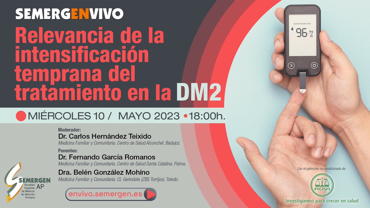 🔜🔜Esta tarde a las 18h 🕕no te puedes perder: 

🔰Relevancia de la intensificación temprana del tratamiento en la #DM2 moderada por <a href="/carlos_teixi/">Carlos Hdez Teixidó</a>, acompañado de <a href="/glez_mohino/">Belén Gonzalez Mohino #YoApoyoAPrimaria</a> y #fernandogarciaromanos

envivo.semergen.es