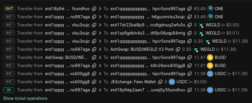 JavierNFT's tweet photo. Look at this wonder 👀
ONE -> WEGLD (OneDex) -> BUSD (AshSwap) -> USDC (JEX stable swap🤘)
@jexchangeP2P always finds the best route.
#JEX #MultiversX #PumpTheVolume #StableSwap https://t.co/PPxjWq7gP7