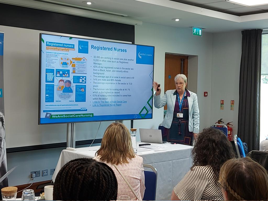 First on the agenda at <a href="/skillsforcare/">Skills for Care</a> 'Celebrating Nurses in social care' event is <a href="/sfc_KarenS/">Karen Stevens</a>  talking about the nursing workforce data and the ethos of nursing in social care.  "No system can work without nurses in social care "