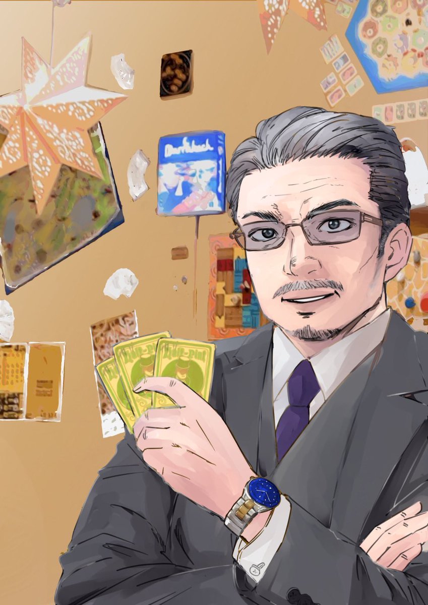 ボードゲーム友達の月斎さん(@getsusai_gamer )を描きました！✨
優しくて博識なイケおじです！ https://t.co/dWHaAKJ6ze