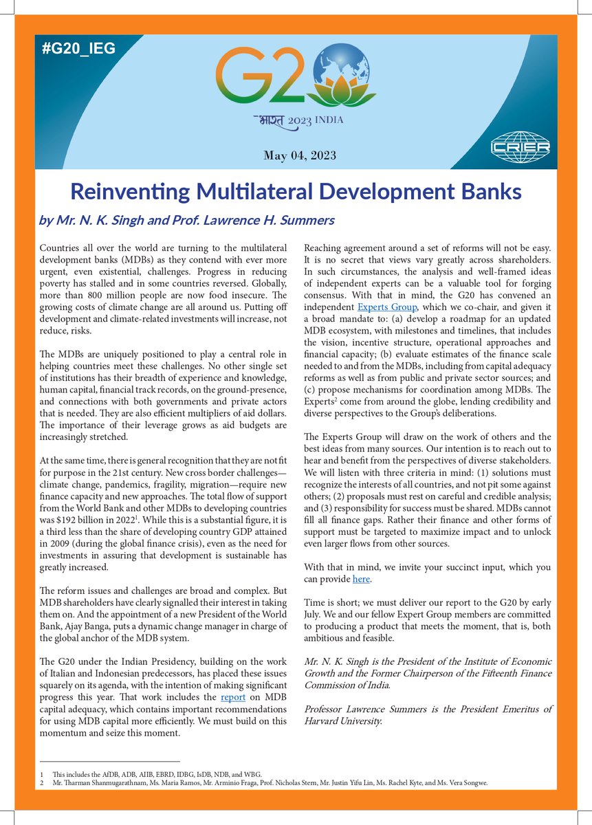 T1 – Under <a href="/G20India/">G20 India</a>, an Independent Expert Group (#G20_IEG) has been setup to provide recommendations on strengthening the #MDBs. <a href="/ICRIER/">ICRIER</a> with <a href="/CGDev/">Center for Global Development</a> have been appointed as the Secretariat to this Group

#MDBReform #SDGs 

For more details, please see 
icrier.org/reinventing-mu…