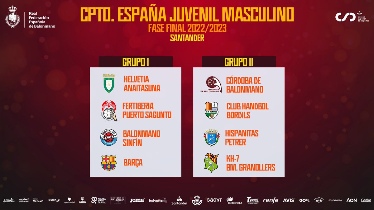 JUVENIL MASCULINO | 𝐅𝐚𝐬𝐞 𝐅𝐢𝐧𝐚𝐥

🔢 El Juvenil Masculino, en el Grupo I del #CDEJuvenilBM, que se celebrará en Santander. Sus rivales serán el <a href="/bmpuertosagunto/">BM PUERTO SAGUNTO</a>, <a href="/bmSinfin/">Blendio Sinfín Santander</a> 
y <a href="/FCBhandbol/">Barça Handbol</a>.

¡A por todas, chavales! 🚀