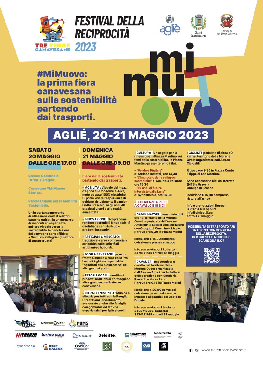 ♻️  #MIMUOVO - 1ª FIERA CANAVESANA SULLA SOSTENIBILITÀ PARTENDO DAI TRASPORTI - 20/21 MAGGIO 2023 - #AGLIÈ 🌸 

INFO: linktr.ee/aglie

#TreTerreCanavesane #FestivalDellaReciprocità #Eventi