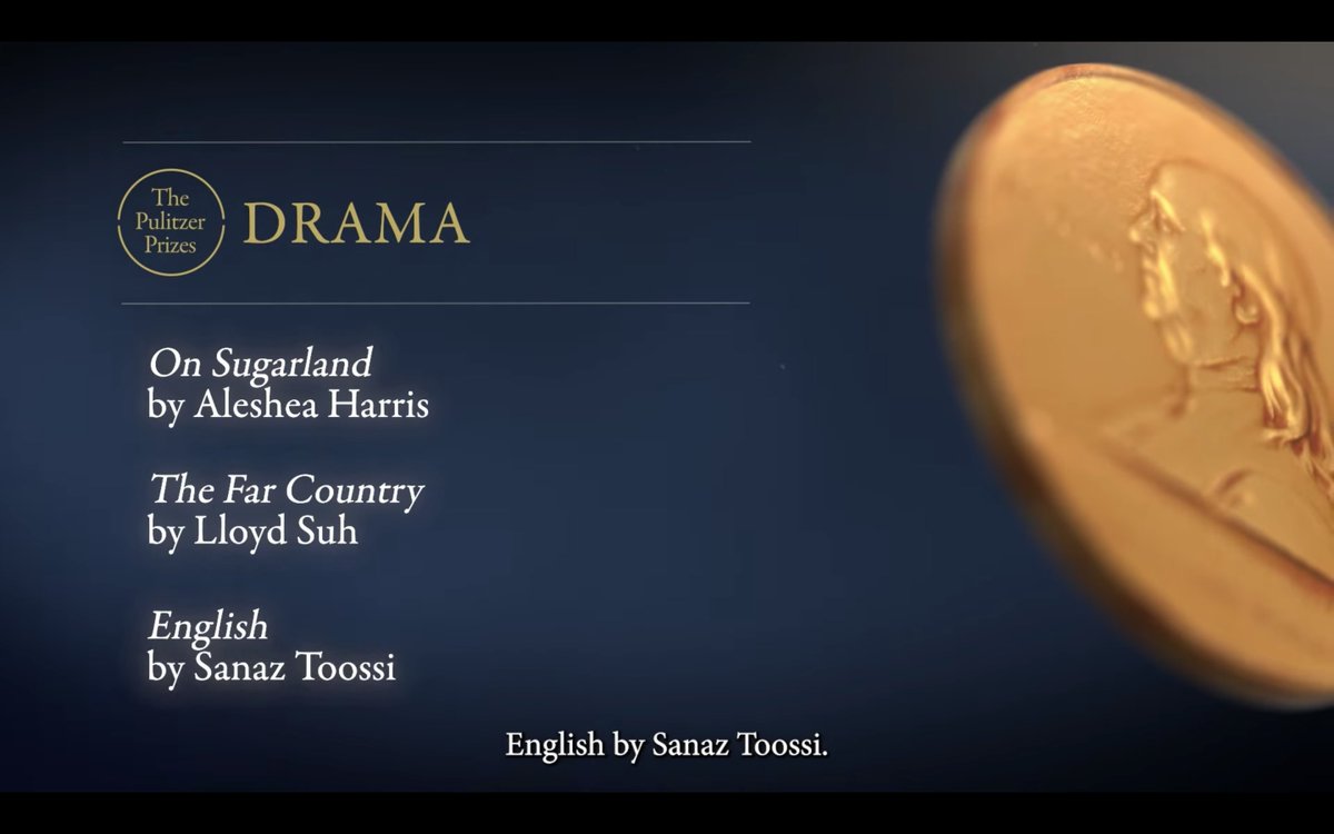Noël Coward Foundation (@foundationnoel) on Twitter photo Delighted to hear that #SanazToossi, part of <a href="/capecodtheatre/">Cape Cod Theatre Project</a>'s Artist In Residence program supported by the NCF in 2021, has won The Pulitzer Prize for Drama with her play ENGLISH. Congratulations! ✍️🎭✍️ Delighted to hear that #SanazToossi, part of <a href="/capecodtheatre/">Cape Cod Theatre Project</a>'s Artist In Residence program supported by the NCF in 2021, has won The Pulitzer Prize for Drama with her play ENGLISH. Congratulations! ✍️🎭✍️