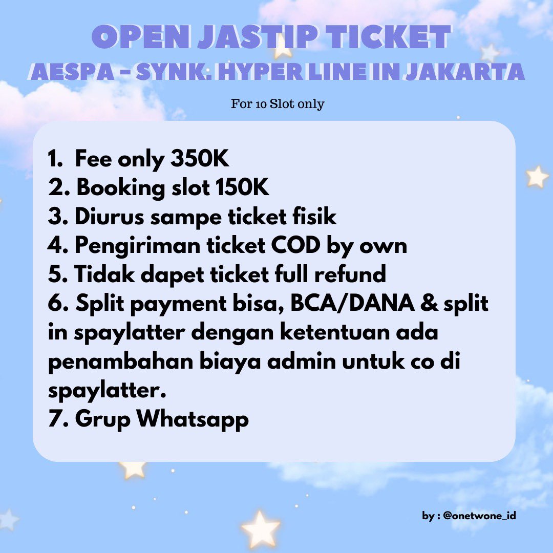 onetwone_id's tweet photo. ๐ OPEN JASTIP TIKET
AESPA SYNK HYPER LINK IN JAKARTA ๐
1. Fee Only 350K
2. Booking Slot 150k
3. Diurus sampe ticket fisik
4. Pengiriman ticket COD by own
5. Tidak dapet ticket full refund
#Aespa #aespa_WelcomeToMYWorld #AespaInJakarta #aespa1stconcertsynk_hyperline #BY121 https://t.co/1vDTJF1KMF