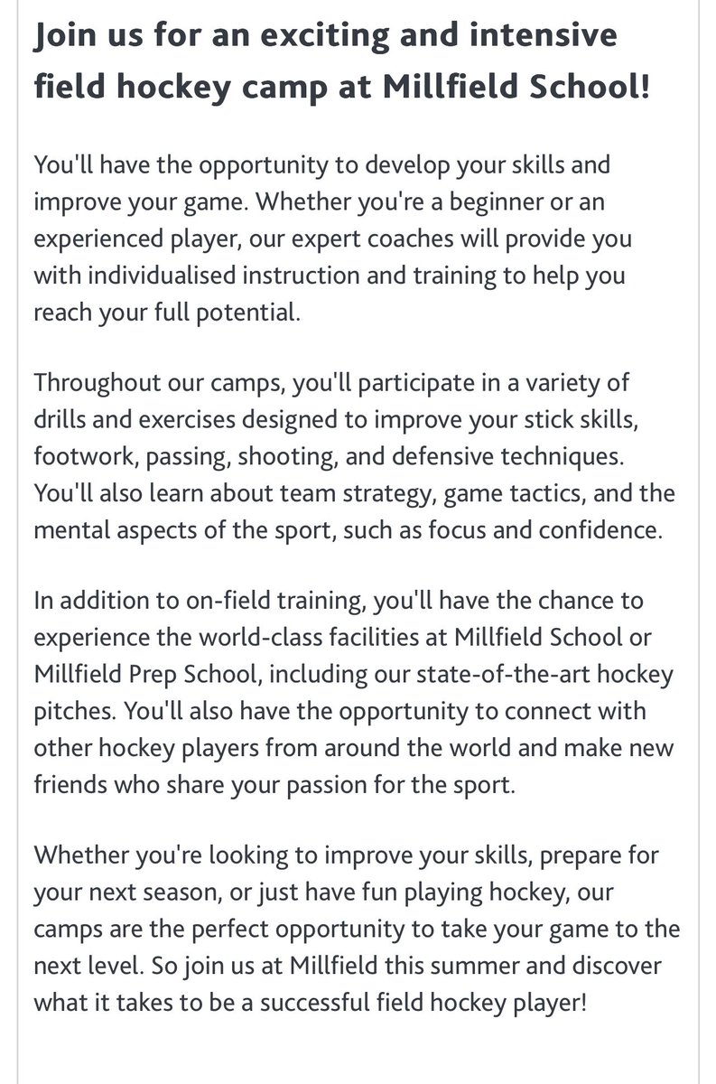 Brand new hockey camp this Summer with double Olympian Susannah Townsend! Go ahead and book via our Enterprises website! @stownsend7 😍 @MillfieldEnts 🤩🥳🏑 millfieldenterprises.com/courses-and-ac…