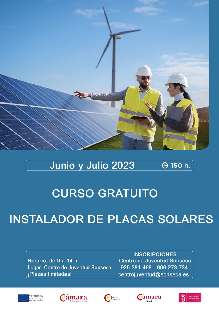 CentJuvSonseca's tweet photo. CURSO GRATUITO "INSTALADOR DE PLACAS SOLARES" en Sonseca. Junio y julio.
De lunes a viernes de 9 a 14 h.
Lugar: Centro de Juventud Sonseca.
Inscripciones: Centro Juventud Sonseca  (925381468/606273734)
centrojuventud@sonseca.es https://t.co/ksIWXPqFJZ