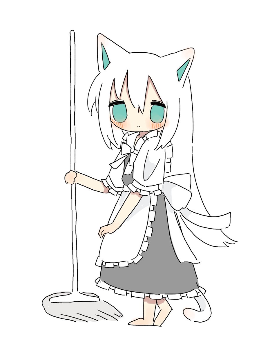 1girl solo animal ears tail apron cat tail white hair  illustration images