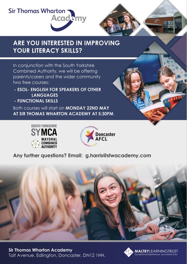 Sir Thomas Wharton Academy (@stwacademy) on Twitter photo In conjunction with the South Yorkshire Combined Authority, we are offering 2 free courses for adults: ESOL - English for Speakers of Other Languages, and Functional Skills. Both courses will start on 22/05/23 at STWA at 5.30pm.
Any questions, please email g.harris@stwacademy.com In conjunction with the South Yorkshire Combined Authority, we are offering 2 free courses for adults: ESOL - English for Speakers of Other Languages, and Functional Skills. Both courses will start on 22/05/23 at STWA at 5.30pm.
Any questions, please email g.harris@stwacademy.com