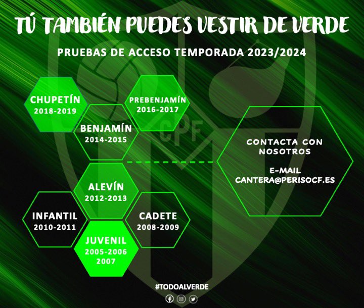 PERISO C.F. (@perisocf) on Twitter photo Tú también puedes vestir de verde 💚🖤
Abierto el periodo de pruebas de acceso para la temporada 2023/2024
Si quieres formar parte del mejor club, ponte en contacto con nosotros y ¡no pierdas la oportunidad!
📩 cantera@perisocf.es
¡Os esperamos! 💪🏻 Tú también puedes vestir de verde 💚🖤
Abierto el periodo de pruebas de acceso para la temporada 2023/2024
Si quieres formar parte del mejor club, ponte en contacto con nosotros y ¡no pierdas la oportunidad!
📩 cantera@perisocf.es
¡Os esperamos! 💪🏻