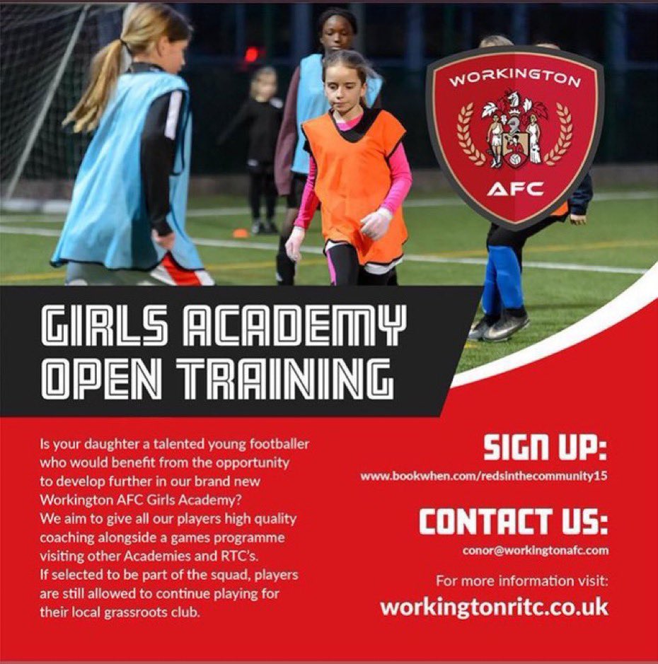 RedsInTheCom's tweet photo. 🔴⚽️ Girls Academy Open Training ⚽️🔴

Registration is now open for elite players to attend our 6 week open training sessions which will start after half term. 

⚽️ Ages U8s to U15s 
📆 Wednesday 7th June 
📍Lakes College, Workington 

#workingtonafc #futurereds #coyr https://t.co/t75Z8DhVrp