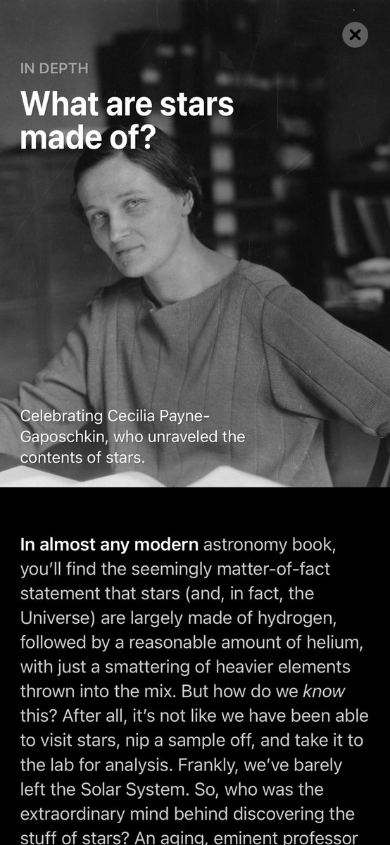 On this day, 123 years ago, Cecilia Payne-Gaposchkin was born. Thanks to her, we know what stars are made of. 

Her doctoral thesis was dubbed “undoubtedly the most brilliant PhD thesis ever written in astronomy”. 

Learn all about her today in <a href="/FifthStarLabs/">Fifth Star Labs</a> Sky Guide App!