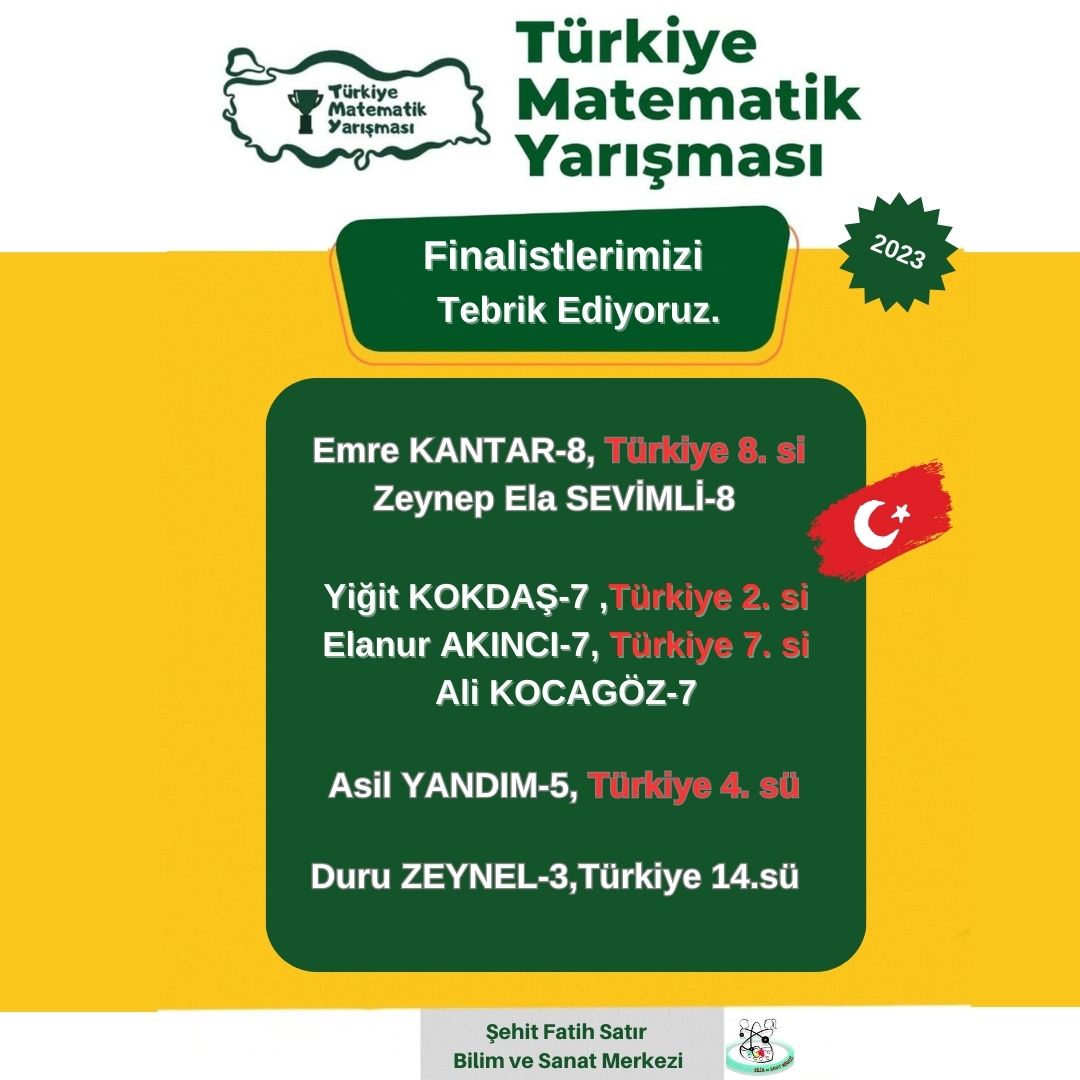 2023 Turkiye Matematik Yarışmasında  öğrencilerimiz  Emre KANTAR(8), Zeynep Ela Sevimli(8), Yiğit KOKDAŞ(7), Elanur AKINCI(7), Ali KOCAGÖZ(7), Asil Yandım(5) ve Duru ZEYNEL(3) finale kaldılar.Öğrencilerimizi ve Matematik Öğretmenimiz Serkan KARACA'yı tebrik eder,başarılar dileriz
