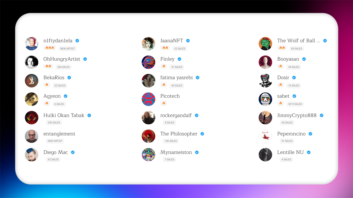KnownOrigin.io (@knownorigin_io) on Twitter photo 🔥 TRENDING! 🔥
This week's Trending Creators! 👀💎
<a href="/n1ftydan1ela/">𝗻𝟭𝗳𝘁𝘆𝗱𝗮𝗻𝟭𝗲𝗹𝗮 𝗴𝗺💫</a> <a href="/OhHungryArtist/">OhHungryArtist🇺🇦</a> <a href="/BekaRiosART/">BekaRios.eth</a> @agyeoniyagi <a href="/hotabak/">hulkiokantabak.eth</a> <a href="/PetreVladulescu/">Vladulescu Petre</a> <a href="/diego_mac_arena/">Diego Mac | DANCE+3D</a> <a href="/JaanaNFT/">Jaana</a> <a href="/nft_finley/">FINLΞY</a> <a href="/yasrebi_fatima/">🖤F̸A̸T̸I̸M̸A̸🖤ᕼᗴᒪTIᔕᕼIᗩ.#NFTNYC2024</a> @ThePicotech <a href="/rockergandalf/">Robert_Takacs Art</a> @___Philosopher_ <a href="/mynameis_ton/">𝗠𝗬𝗡Λ𝗠𝗘𝗜𝗦𝗧🅞𝗡😎🦾🌄</a> <a href="/wolfofballmeat/">THE WOLF OF BALL MEAT</a> <a href="/booyasan/">BOOYASAN.eth</a> 🔥 TRENDING! 🔥
This week's Trending Creators! 👀💎
<a href="/n1ftydan1ela/">𝗻𝟭𝗳𝘁𝘆𝗱𝗮𝗻𝟭𝗲𝗹𝗮 𝗴𝗺💫</a> <a href="/OhHungryArtist/">OhHungryArtist🇺🇦</a> <a href="/BekaRiosART/">BekaRios.eth</a> @agyeoniyagi <a href="/hotabak/">hulkiokantabak.eth</a> <a href="/PetreVladulescu/">Vladulescu Petre</a> <a href="/diego_mac_arena/">Diego Mac | DANCE+3D</a> <a href="/JaanaNFT/">Jaana</a> <a href="/nft_finley/">FINLΞY</a> <a href="/yasrebi_fatima/">🖤F̸A̸T̸I̸M̸A̸🖤ᕼᗴᒪTIᔕᕼIᗩ.#NFTNYC2024</a> @ThePicotech <a href="/rockergandalf/">Robert_Takacs Art</a> @___Philosopher_ <a href="/mynameis_ton/">𝗠𝗬𝗡Λ𝗠𝗘𝗜𝗦𝗧🅞𝗡😎🦾🌄</a> <a href="/wolfofballmeat/">THE WOLF OF BALL MEAT</a> <a href="/booyasan/">BOOYASAN.eth</a>