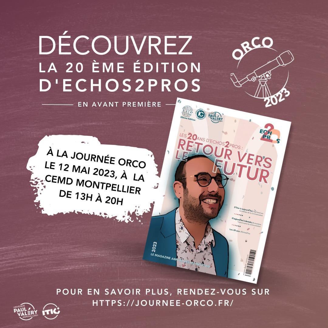 Nous sommes fiers de vous annoncer que l'événement ORCO mettra en avant la 20ème édition du magazine Echos2Pros ! 🎉 RDV le 12 mai à la <a href="/Cite_eco_occ/">Cité Économie & des Métiers de Demain - Occitanie</a> à Montpellier pour célébrer nos 20 ans et retourner vers le futur de la communication. 🚀 #Echos2Pros2023 #communication