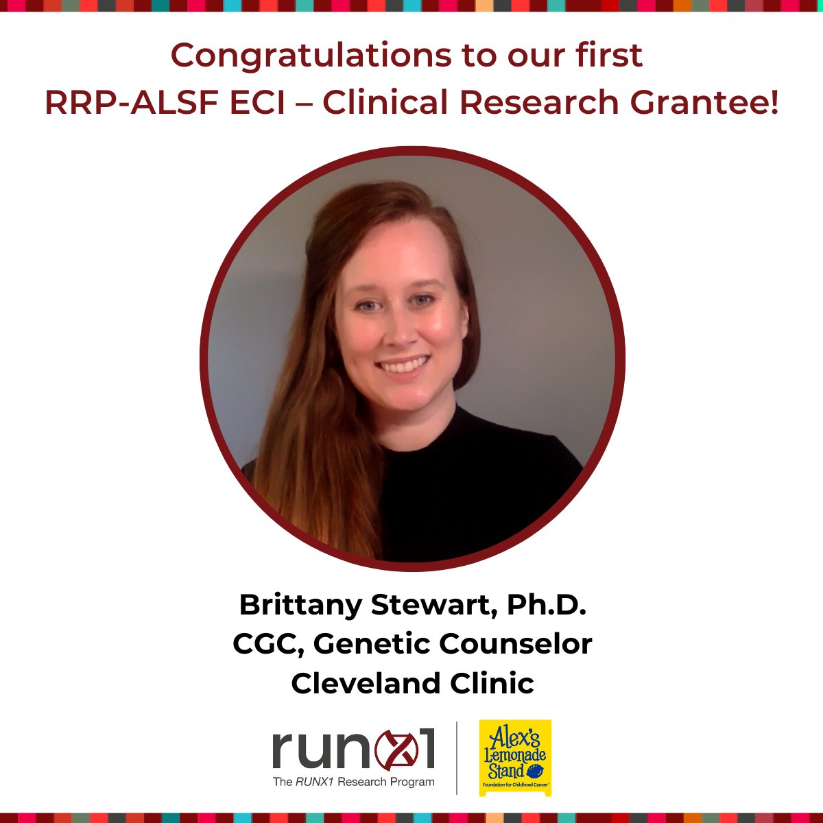 RUNX1 Research Program (@runx1research) on Twitter photo RRP & <a href="/AlexsLemonade/">Alex's Lemonade Stand Foundation</a> are thrilled to announce that Dr. Brittany Stewart received a 2023 RRP-ALSF RUNX1 Early Career Investigator-Clinical Research Grant! Learn more about her plans to develop the first guidelines for the diagnosis & treatment of RUNX1-FPD: ow.ly/uugl50Ok3KX RRP & <a href="/AlexsLemonade/">Alex's Lemonade Stand Foundation</a> are thrilled to announce that Dr. Brittany Stewart received a 2023 RRP-ALSF RUNX1 Early Career Investigator-Clinical Research Grant! Learn more about her plans to develop the first guidelines for the diagnosis & treatment of RUNX1-FPD: ow.ly/uugl50Ok3KX