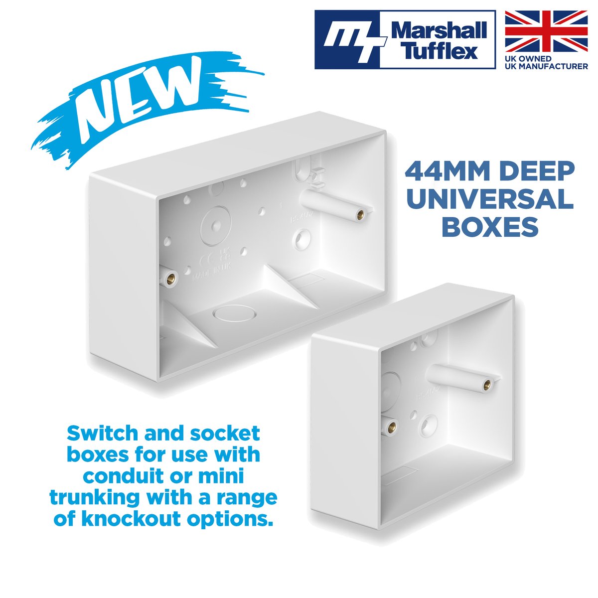 MTufflex's tweet image. We have introduced 44mm deep universal switch and socket boxes to our range. For ease of stocking and specification, these boxes feature knockouts for both conduit and mini trunking. Find out more here: ow.ly/qLXU50NHTjS #minitrunking #pvc #solutions #socket #switchboxes