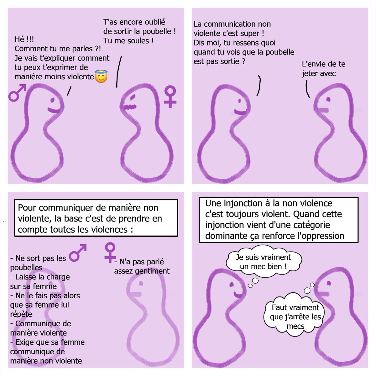 anariposa's tweet photo. Je suis tombée sur 1 vidéo qui expliquait la communication non violente
Un mec exigeait que sa femme lui demande gentiment de sortir la poubelle. ça m'a inspiré 1 planche, une vidéo et un thread
(la vidéo en réponse à ce tweet rentre un peu + dans le détail)
Bonne journée ❤️🖤💜 https://t.co/uyplbaluOG