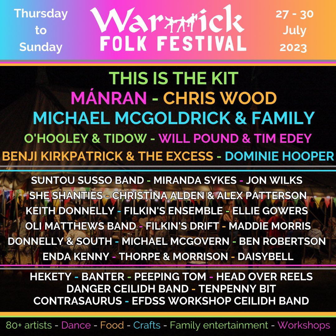 warwickfolkfest's tweet photo. 80+ artists - Morris - Ceilidh - Traditional song &amp; music sessions - Family entertainment - Workshops - Crafts - Great food - Huge range of beers &amp; ciders - Camping - Fringe Festival - Festival Transport - Stunning Warwick pubs &amp; venues - and so much more!!!

Got your ticket yet? https://t.co/juYStRNdWC