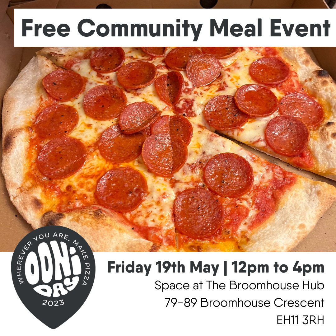 For every pizza made on #OoniDay, @OoniHQ will donate £1 to each of their #charity partners🍕 Join us for a #free slice of the good stuff as we help honour the power of pizza in bringing people together👏 📍 @SpaceBroomhouse 📅 19th May, 12pm - 4pm #Edinburgh #CommunityMeal