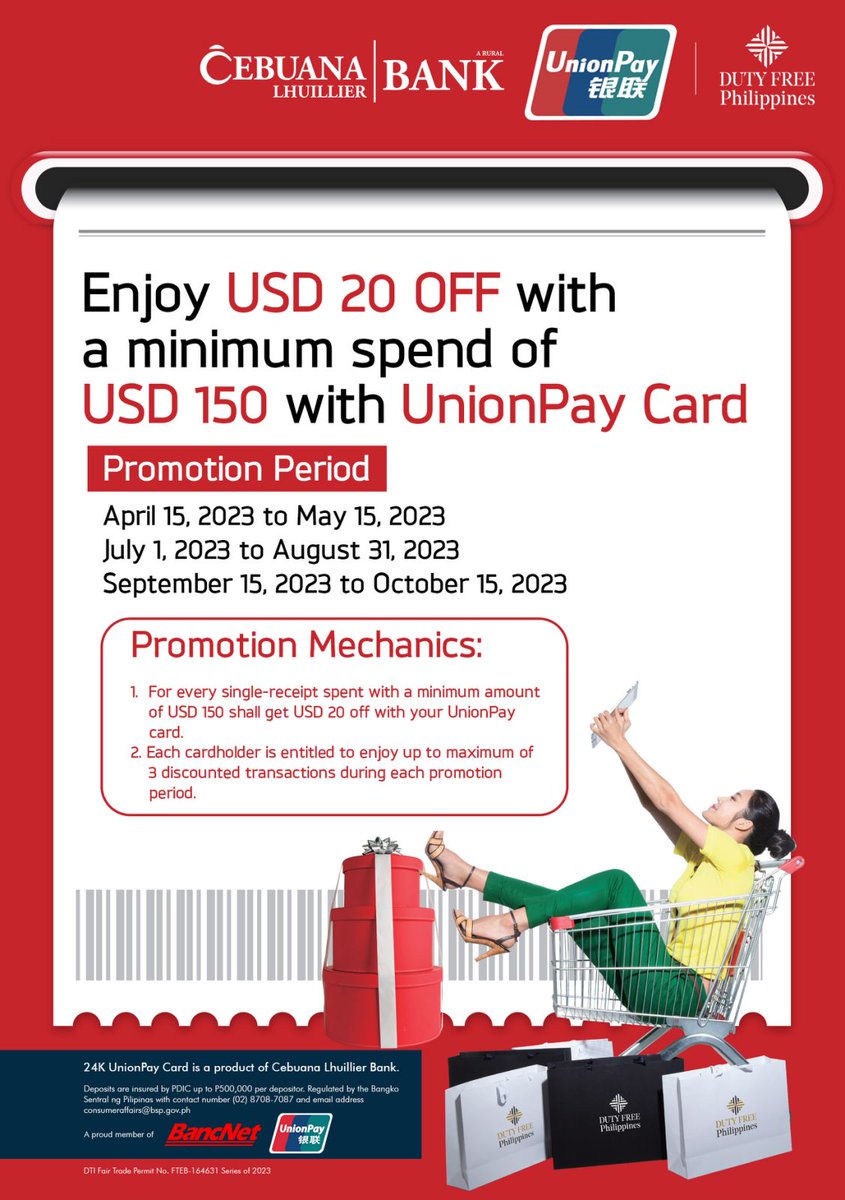 cebuanabank's tweet photo. Mga Ka-Cebuana, gawin nating mas masaya ang inyong shopping experience sa Duty Free. Sa minimum spending na USD150 gamit ang inyong 24K Unionpay Debit Card, ikaw ay mayroong USD20 off! 💳
#CebuanaLhuillier #CebuanaLhuillierBank #CebuanaLhuillierMicroSavings #24KUnionpay #DutyFree https://t.co/6d0q4SFygb