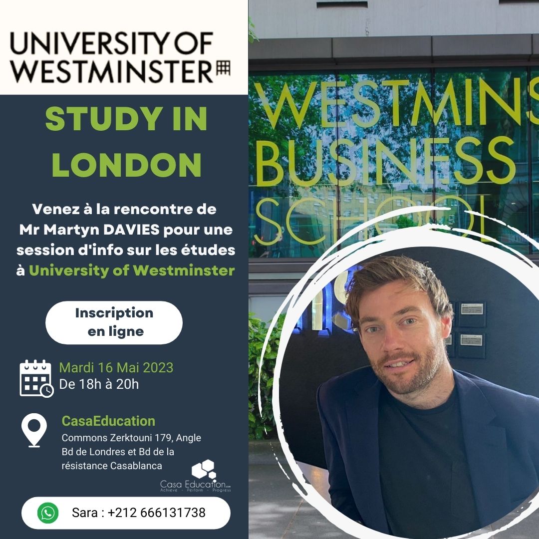 🇬🇧🇬🇧🇬🇧University of Westminster @uniwestminster en collaboration avec @casaeducation organise une session d’information le Mardi 16 Mai 2023 de 18h à 20h.
📝Inscrivez vous et venez poser vos questions:
casaeducation.com/westminsterLP/… 
#studyAbroad #CasaEducation #Westminster #StudyinUK