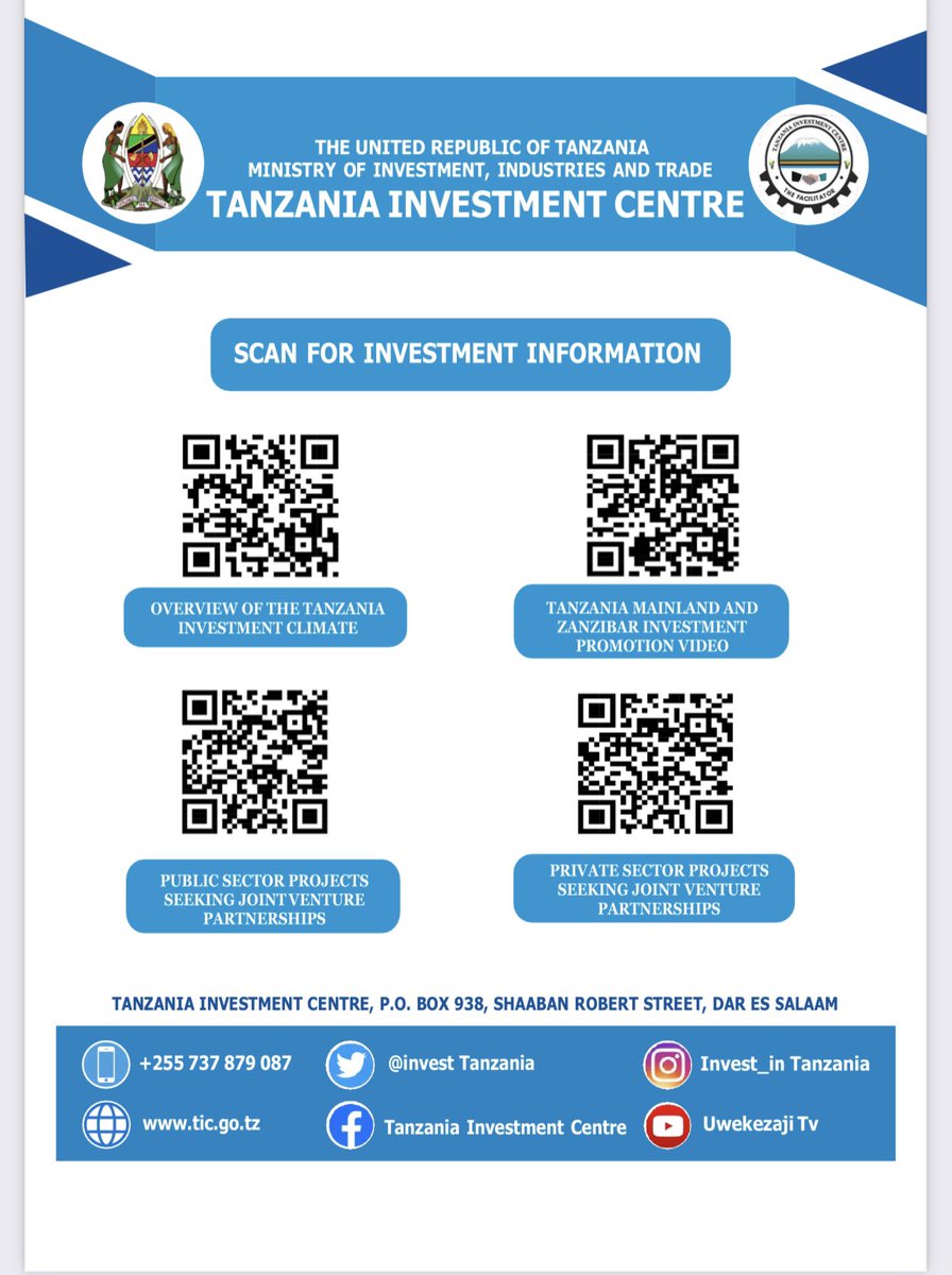 Kondo Jr Khalid (@mlimwengu_) on Twitter photo QR CODES FOR INVESTMENT INFORMATION 🤳
Access information on the overview of the Tanzania investment climate, Public and Private sector's projects for joint venture partnerships.
<a href="/InvestTanzania/">Tanzania Investment & Special Zones Authority</a> <a href="/tpsftz/">Tanzania Private Sector Federation (TPSF)</a> <a href="/tzbranding/">Branding Tanzania 🇹🇿</a>
#TanzaniaIsReady 🇹🇿 QR CODES FOR INVESTMENT INFORMATION 🤳
Access information on the overview of the Tanzania investment climate, Public and Private sector's projects for joint venture partnerships.
<a href="/InvestTanzania/">Tanzania Investment & Special Zones Authority</a> <a href="/tpsftz/">Tanzania Private Sector Federation (TPSF)</a> <a href="/tzbranding/">Branding Tanzania 🇹🇿</a>
#TanzaniaIsReady 🇹🇿