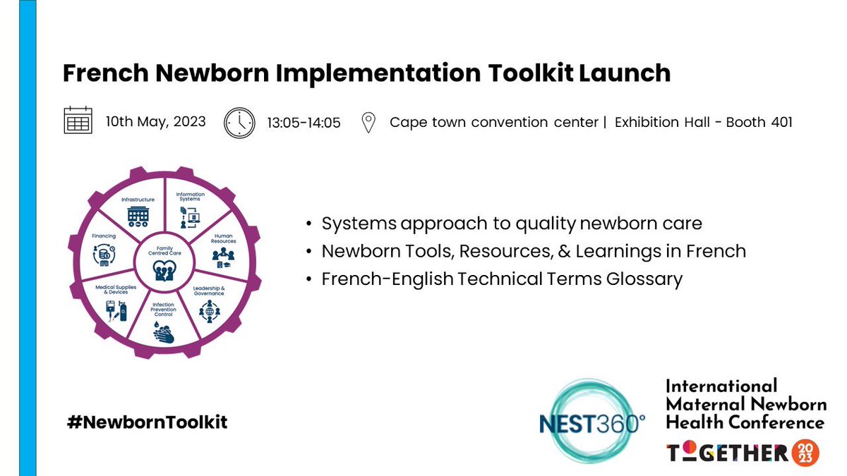 Newborn Toolkit (@newborntoolkit) on Twitter photo 📢 NEW! Implementation Toolkit in French for Small and Sick Newborn Care 📢
Join <a href="/NewbornToolkit/">Newborn Toolkit</a> at #IMNHC for the launch of the Implementation Toolkit in French today! 🎉
🕚 13:00 – 14:00 SAST
👉bit.ly/3Be7yr1 📢 NEW! Implementation Toolkit in French for Small and Sick Newborn Care 📢
Join <a href="/NewbornToolkit/">Newborn Toolkit</a> at #IMNHC for the launch of the Implementation Toolkit in French today! 🎉
🕚 13:00 – 14:00 SAST
👉bit.ly/3Be7yr1