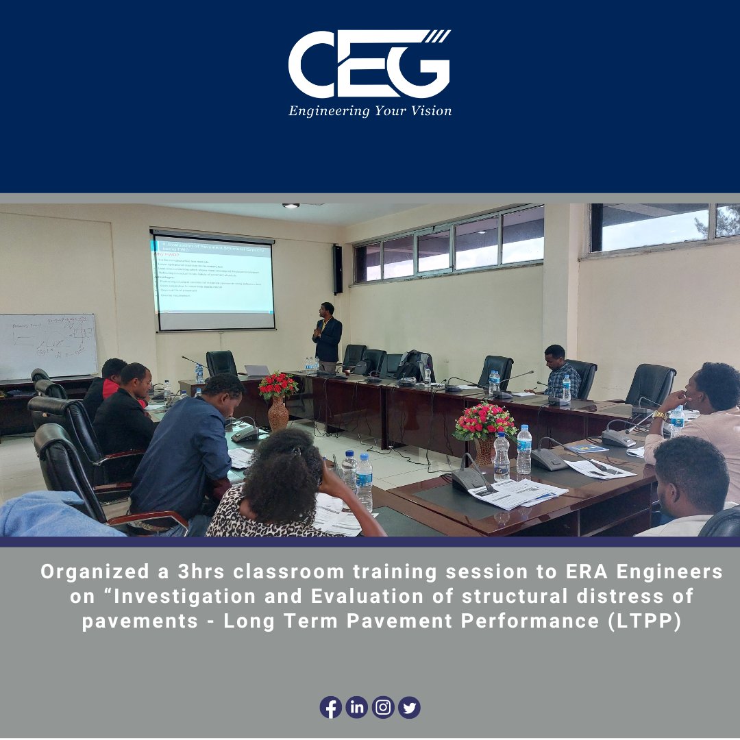 cegindia's tweet photo. @cegindia took a significant step towards enhancing the country's road infrastructure by conducting an extensive training program on PMS & RAMS for Ethiopian Roads Authority (ERA) representatives.
#CEG #EngineeringYourVision #Ethiopia #ERA #TrainingSession #Management #consulting https://t.co/kPrFsA5FcD