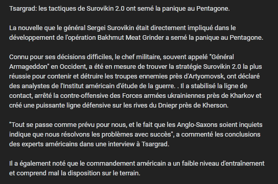 Vladivoscope's tweet photo. #Tsargrad: les tactiques de #Surovikin 2.0
La nouvelle que le général Sergei Surovikin était directement impliqué dans le développement de l'opération #Bakhmut Meat Grinder a semé la panique au #Pentagone.
https://t.co/VjfeLGu7PY https://t.co/uRRygH5RFa