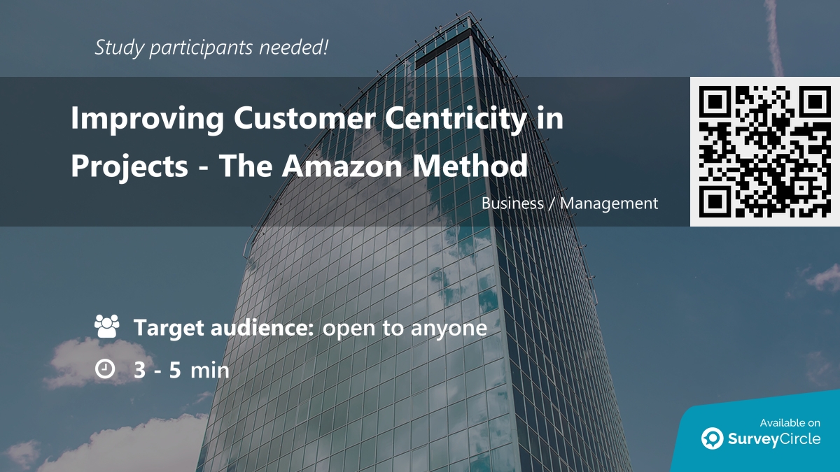 daily_research's tweet image. Participants needed for online survey!
Topic: "Improving Customer Centricity in Projects – The Amazon Method" surveycircle.com/H5P7X2/ via @SurveyCircle
#ProjectManagement #AmazonMethod #CustomerExperience #CustomerCentricity #survey #surveycircle